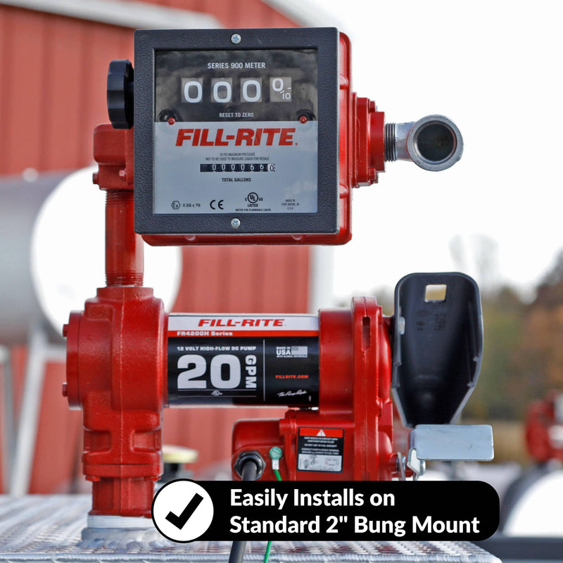 Fill-Rite FR4211HN 20 GPM, 12V DC Pump, 5' Ground Wire, 18'12 Gauge 2 Wire Battery Cable & 901c Gallon, lockable nozzle hook and 2" bung mount callouts