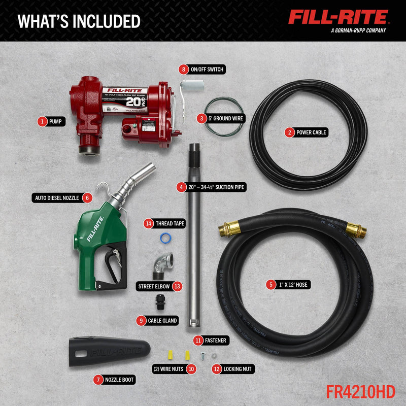 Fill-Rite FR4210HD 12V DC 20 GPM Fuel Transfer Pump with Nozzle, what's included layout