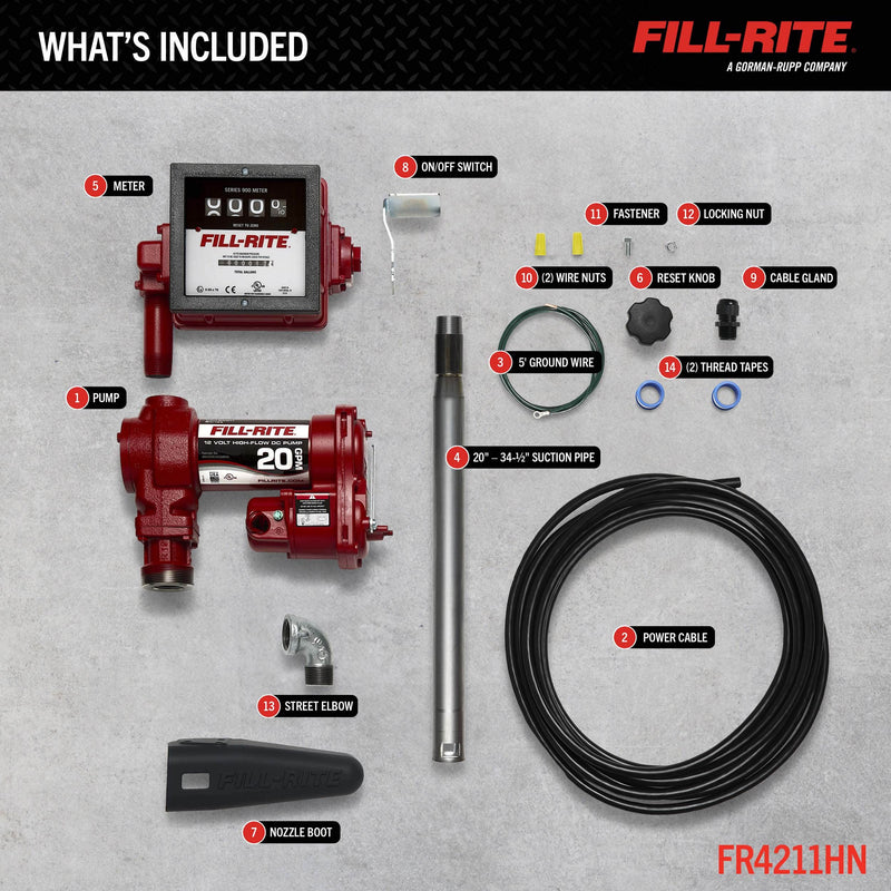Fill-Rite FR4211HN 20 GPM, 12V DC Pump, 5' Ground Wire, 18'12 Gauge 2 Wire Battery Cable & 901c Gallon, what's included layout