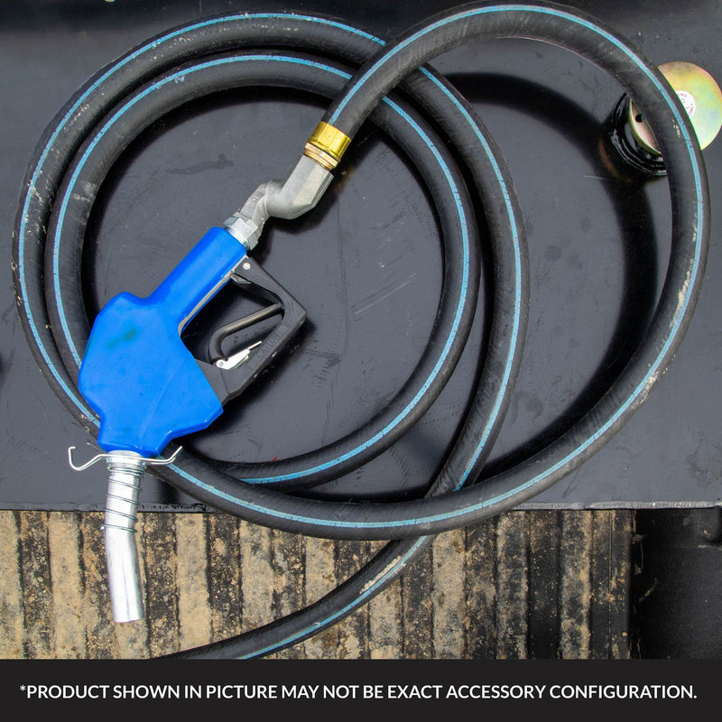 Fill-Rite sub-zero fuel transfer hose, in use coiled on a truck-bed transfer tank with nozzle