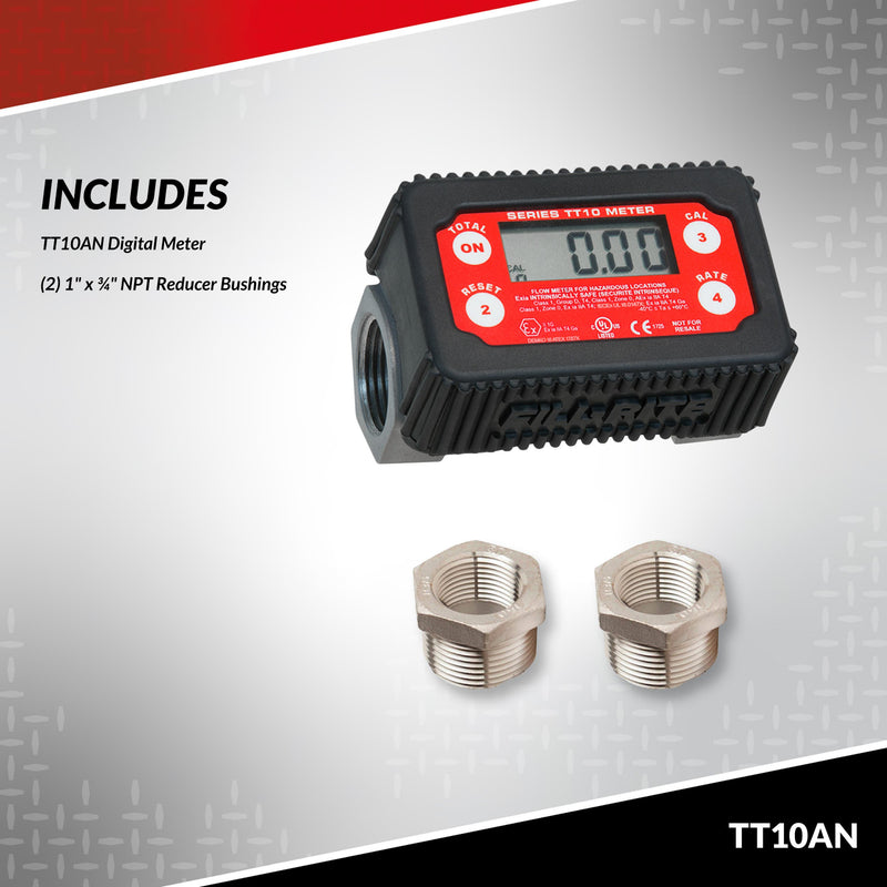 Fill-Rite TT10AN digital in-line turbine meter, what's included: meter and two reducer bushings