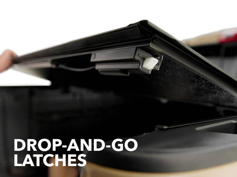 Close-up of a Gator EFX panel latch on a raised panel, captioned Drop-and-go latches