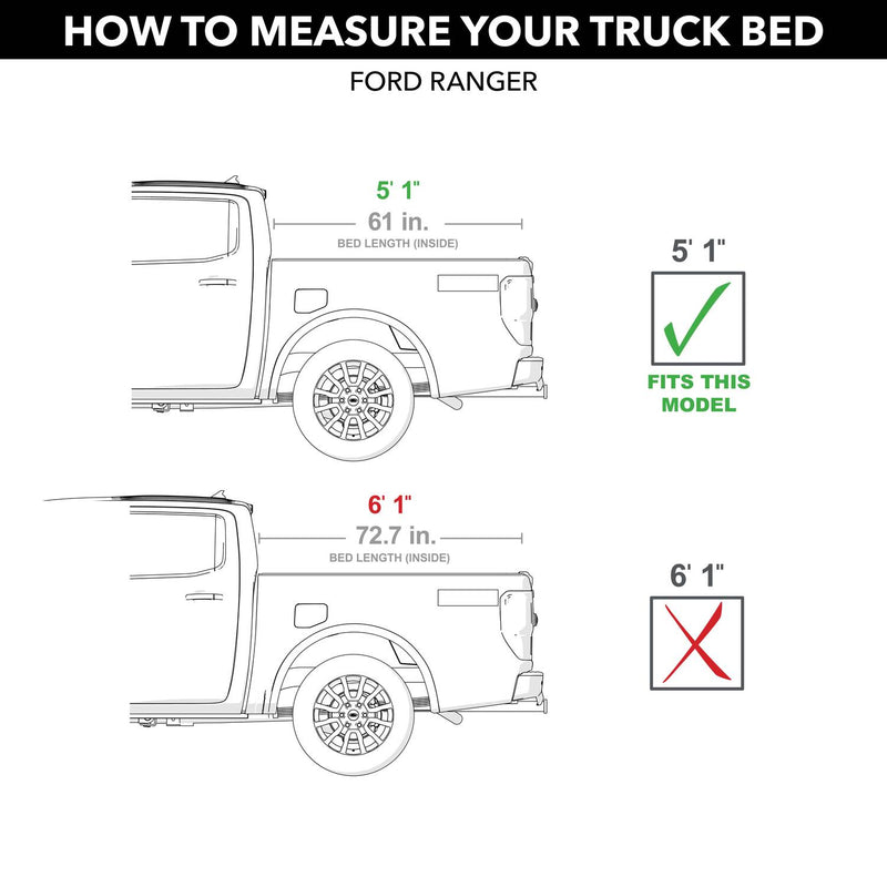 Gator EFX hard folding tonneau cover: Bed measuring chart for the Ford Ranger marking the 5'1" bed as the fit