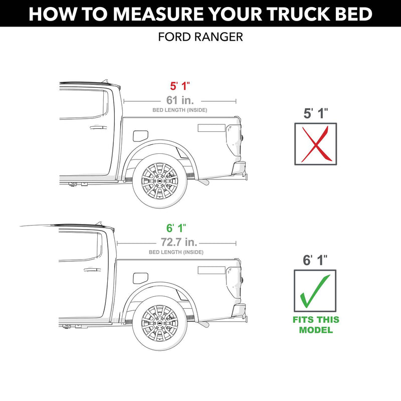 Gator EFX hard folding tonneau cover: Bed measuring chart for the Ford Ranger marking the 6'1" bed as the fit