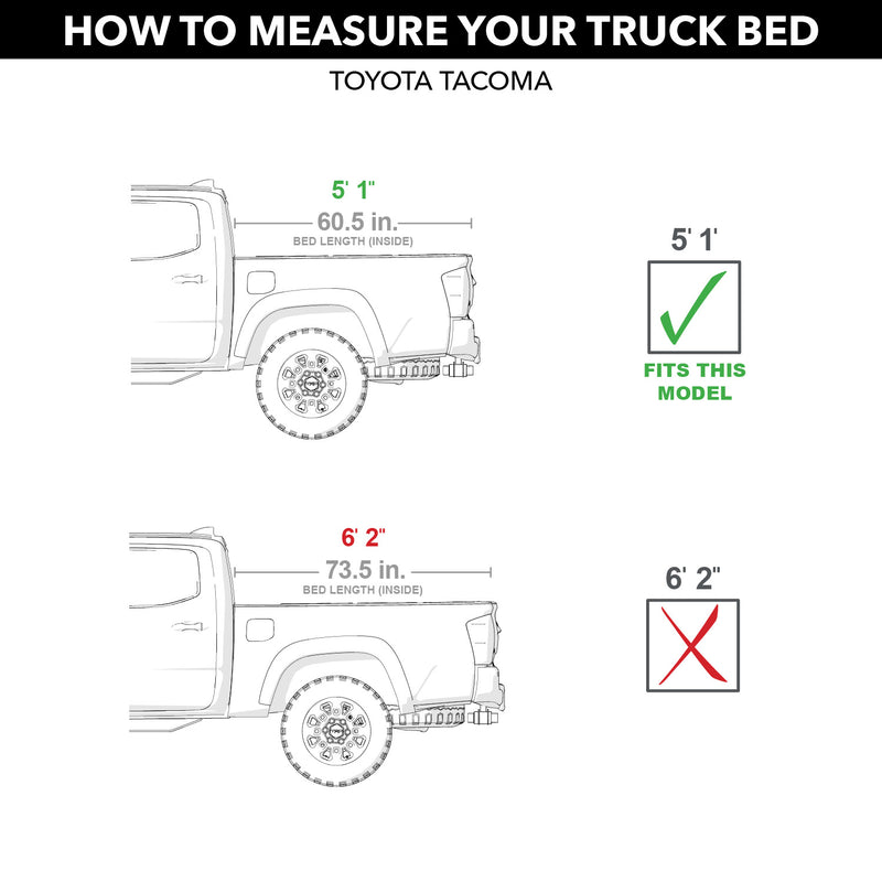 Gator EFX tonneau cover: bed measuring diagram for a Toyota Tacoma showing the short bed checked as the fit and the long bed crossed out
