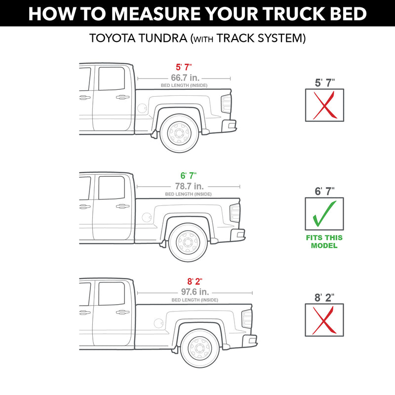 Gator EFX hard folding tonneau cover: Bed measuring diagram for a Toyota Tundra with track system with the 6'7" bed checked as the fit