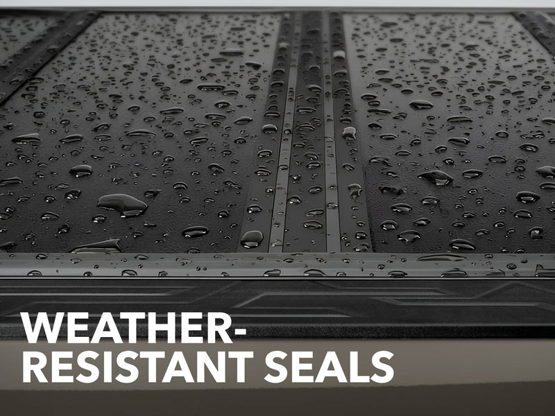 Gator FX hard folding tonneau cover: graphic 'Weather-resistant seals' showing water beading on the closed panels