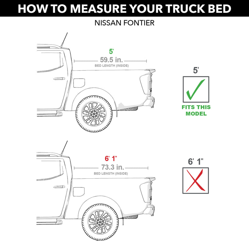 Gator SFX tonneau cover: bed measuring diagram for Nissan Frontier marking the 5 ft bed as the fit and the 6 ft 1 in bed as not