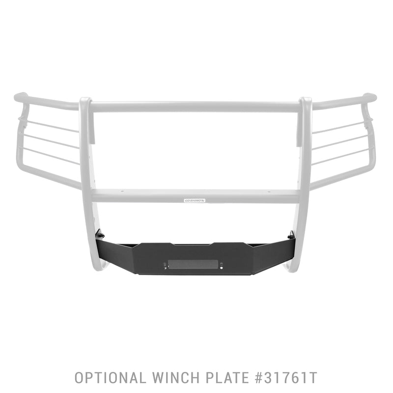Go Rhino 3100 Series: grille guard with headlight hoops shown faded, with the black winch plate highlighted and a caption naming the optional winch plate (shown with winch plate (optional #31761T, sold separately), not included)