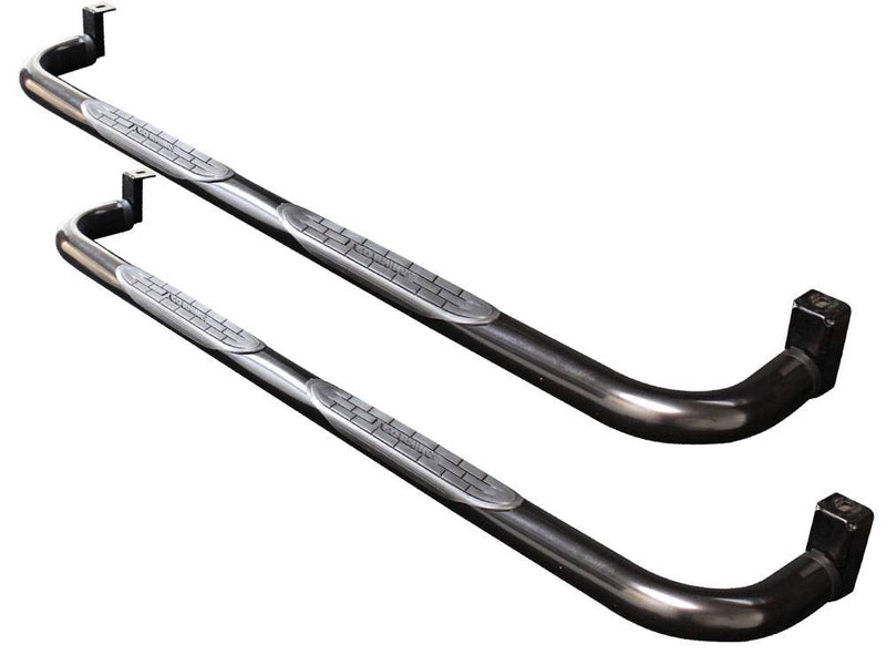 Go Rhino 4000 Series: pair of gloss black round nerf bars with step pads and bent mounting ends on white