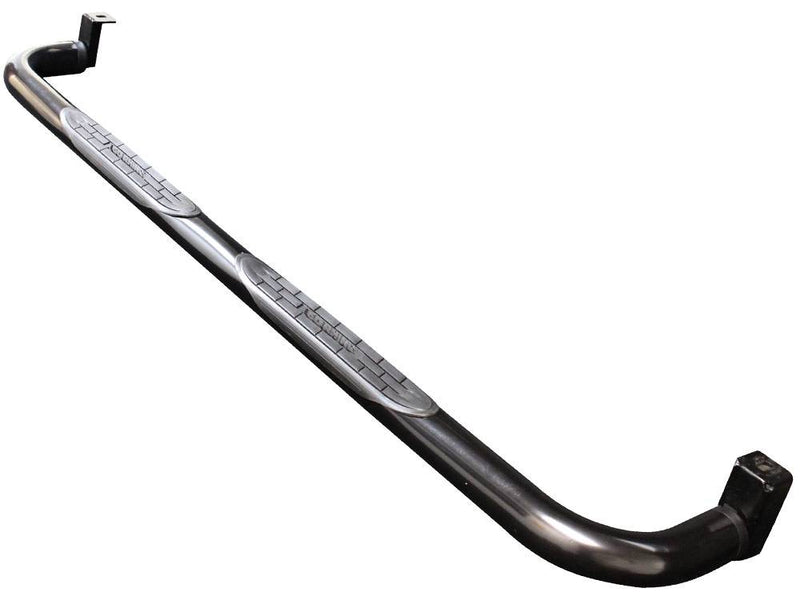 Go Rhino 4000 Series: single gloss black round nerf bar with step pads and bent mounting ends on white
