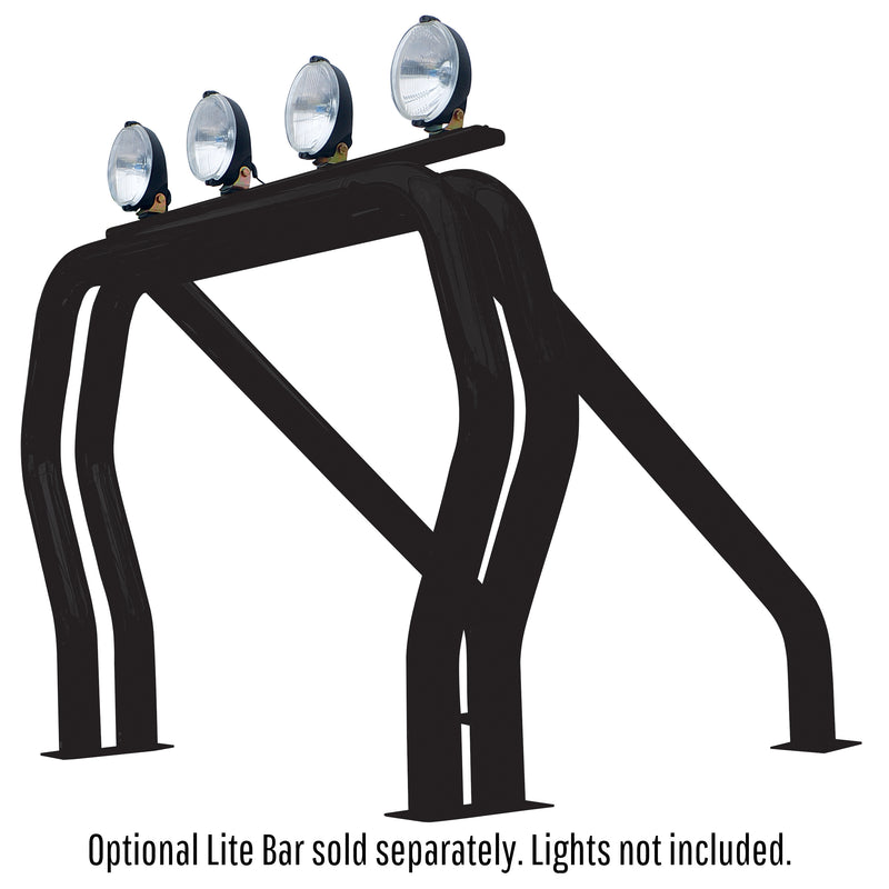 Go Rhino Bed Bar: illustration of a black two-hoop bed bar with a light bar and four round lights on top, caption below (shown with lite bar (sold separately), lights, not included)