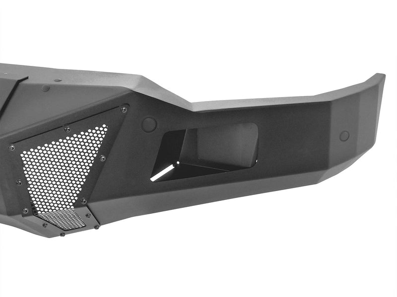 Go Rhino BR11: close view of a textured black front bumper end with mesh insert and fog light opening
