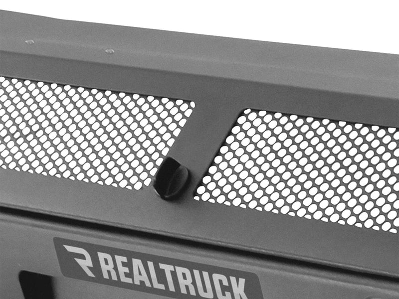 Go Rhino BR11: close view of the bumper top edge with mesh inserts and light mounting tab