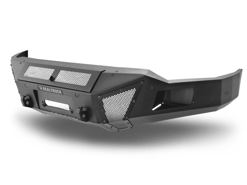 Go Rhino BR11: textured black winch-ready front bumper with mesh inserts, shackle mounts and fairlead opening, angled view