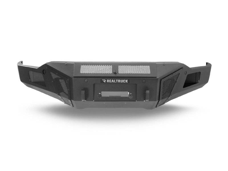 Go Rhino BR11: textured black winch-ready front bumper with mesh inserts and a center winch opening, front view