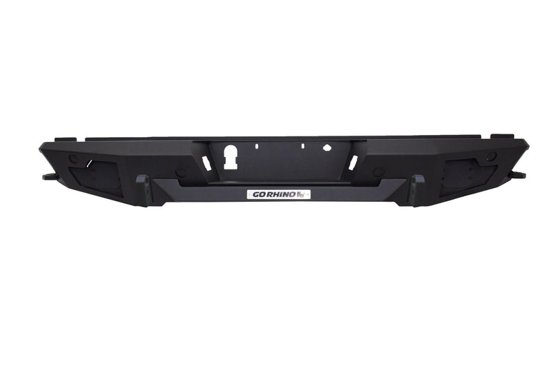 Go Rhino BR20.5: textured black rear bumper with Go Rhino tag, straight-on view on white