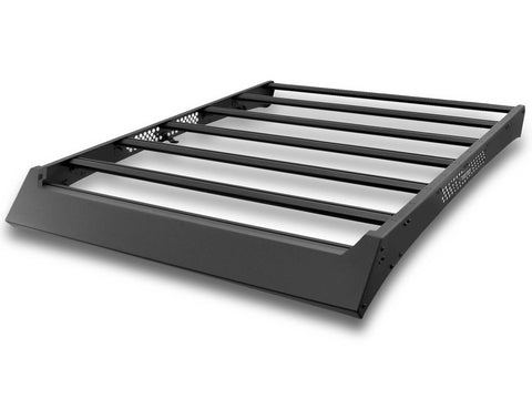 Go Rhino CEROS: black low profile platform roof rack with perforated side rails and front wind fairing on white