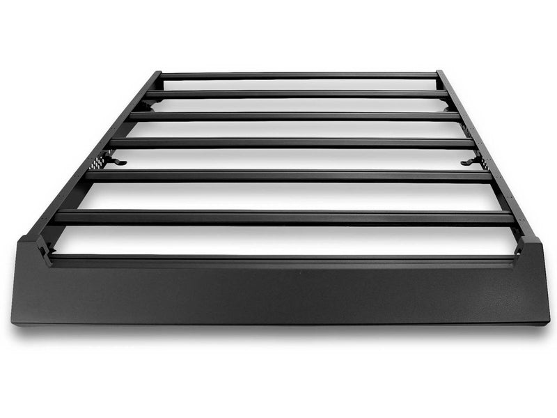 Go Rhino CEROS: black low profile platform roof rack with crossbars on white, rear view