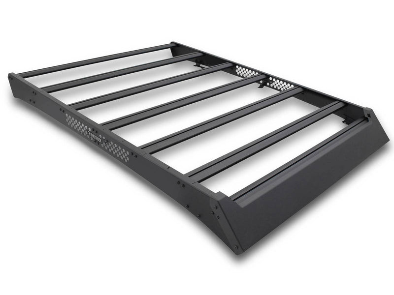 Go Rhino CEROS: black low profile platform roof rack with crossbars and perforated wind fairing on white