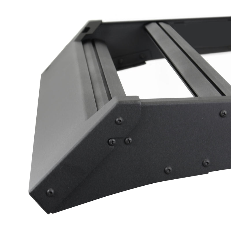 Go Rhino CEROS: close-up of a textured black low profile roof rack corner and crossbar