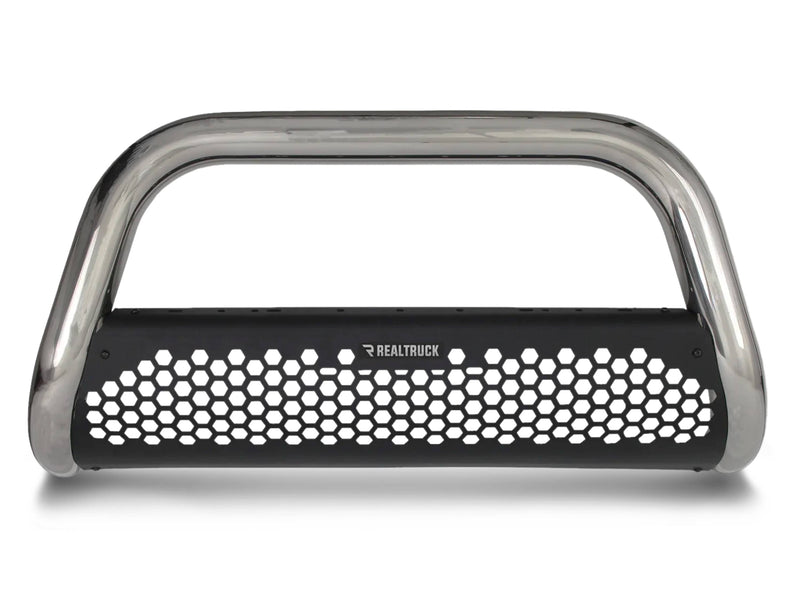 Go Rhino Charger RC2: polished stainless bull bar with black perforated skid plate on white (representative image of the series; the kit for this listing is made for the vehicles shown in the fitment table)