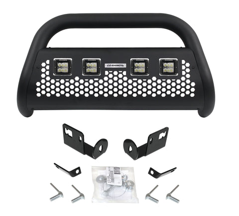 Go Rhino Charger RC2 LR: textured black bull bar with four square LED lights in the cut-outs, brackets and hardware on white