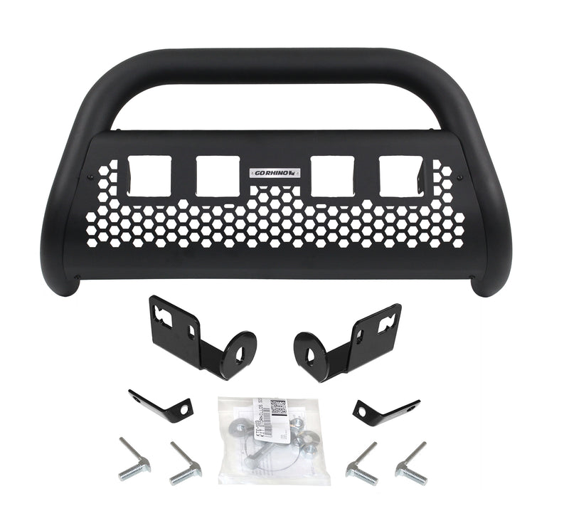 Go Rhino Charger RC2 LR: textured black bull bar with four empty square light cut-outs, brackets and hardware on white