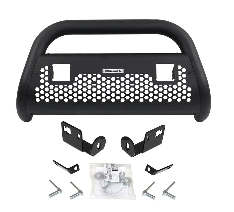 Go Rhino Charger RC2 LR: textured black bull bar with two empty square light cut-outs, brackets and hardware on white