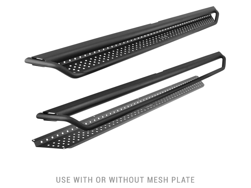 Go Rhino Dominator D1: black side step shown complete and as separate frame and mesh plate, on white