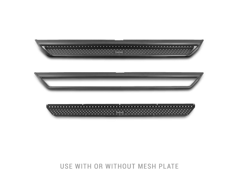 Go Rhino Dominator D1: black side step shown three ways: complete, frame only and mesh plate only, on white