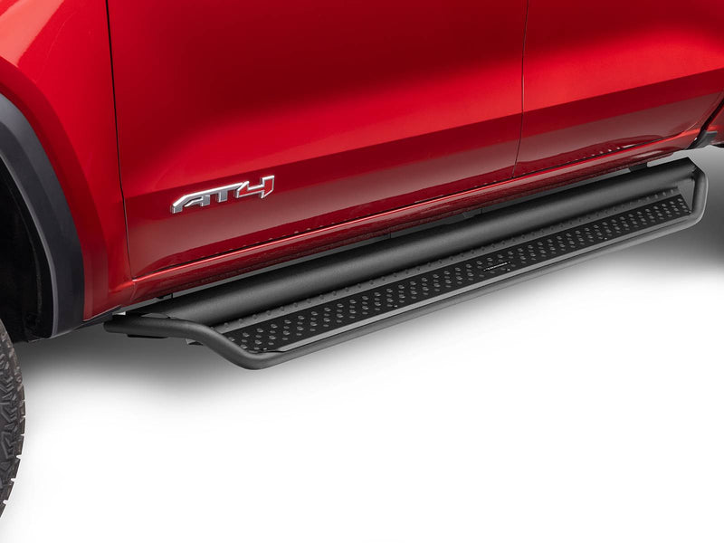 Go Rhino Dominator D1: black side step under the doors of a red GMC Canyon AT4, low side view