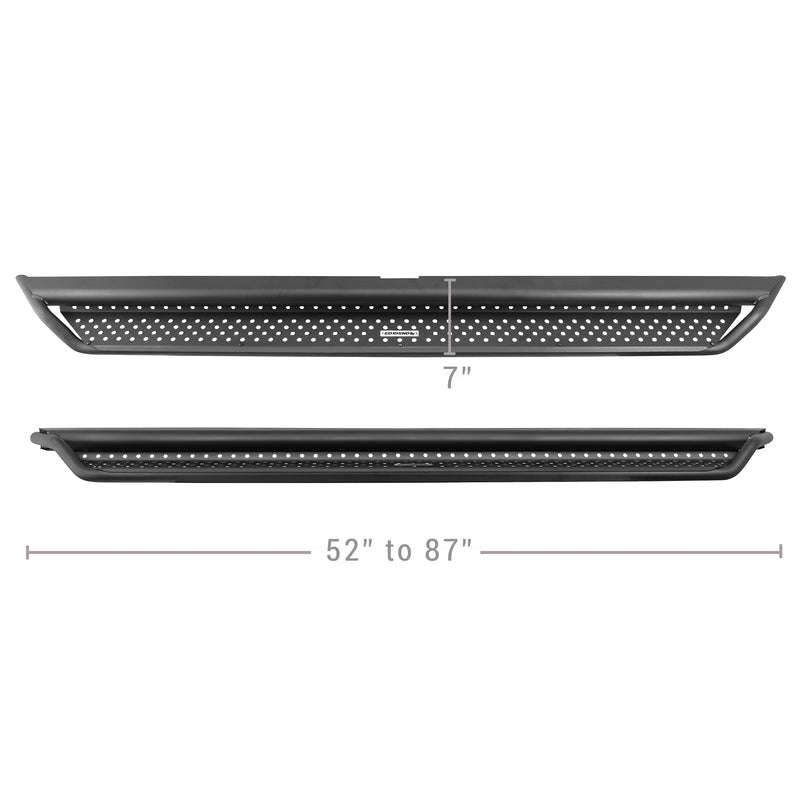 Go Rhino Dominator D1: pair of black Dominator D1 side steps shown from above and the side with 7" depth and 52" to 87" length callouts