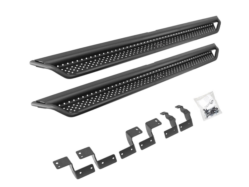 Go Rhino Dominator D1: pair of black perforated side steps with mounting brackets and hardware bag on white