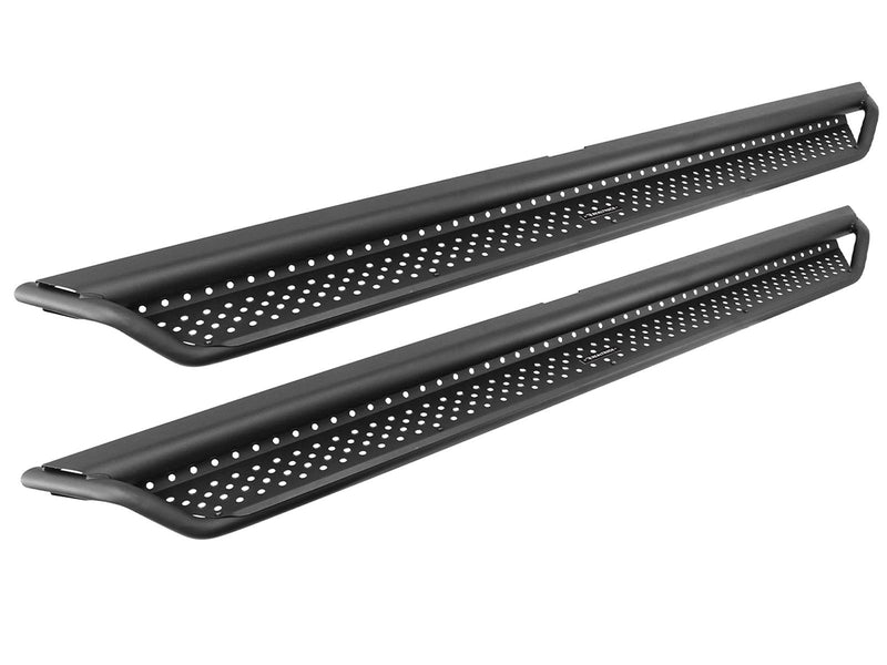 Go Rhino Dominator D1: pair of black perforated tube side steps on white