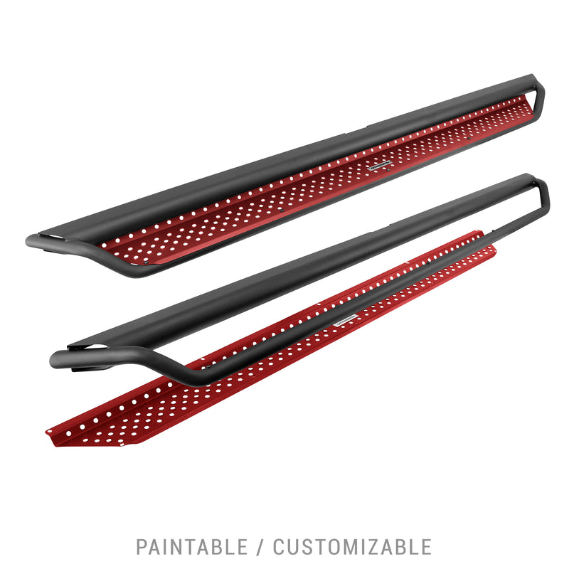 Go Rhino Dominator D1: pair of black tube side steps with perforated plates painted red, one plate shown separated, caption below