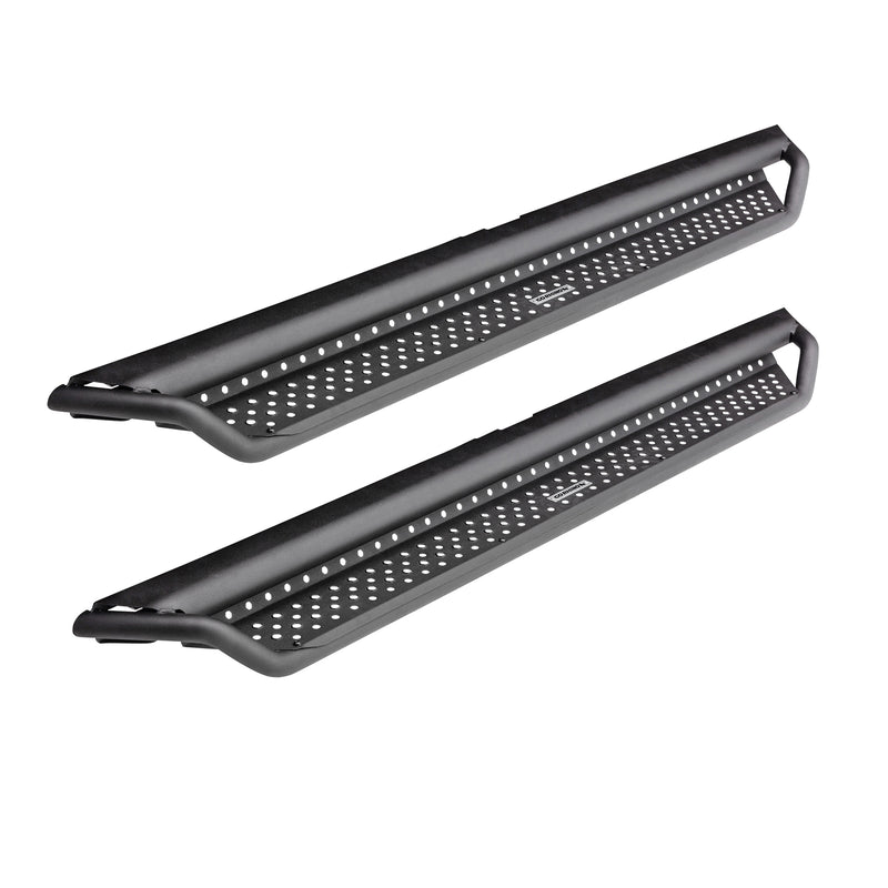 Go Rhino Dominator D1: pair of textured black perforated side steps with tube frame on white (representative image of the series; the kit for this listing is made for the vehicles shown in the fitment table)