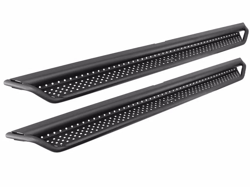 Go Rhino Dominator D1: pair of textured black perforated side steps with tube frame on white