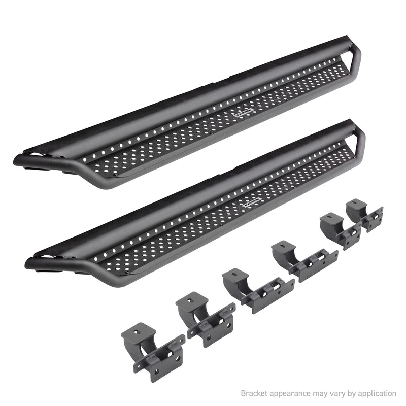 Go Rhino Dominator D1: pair of textured black perforated side steps with six mounting brackets on white