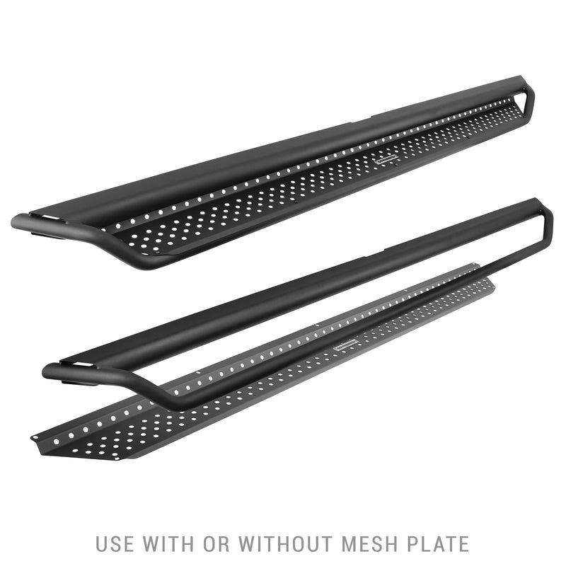 Go Rhino Dominator D1: pair of textured black tube side steps with perforated plates, one plate shown separated, caption below