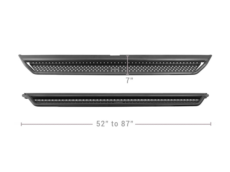 Go Rhino Dominator D1: two black side steps with dimension lines for 7" depth and 52" to 87" length