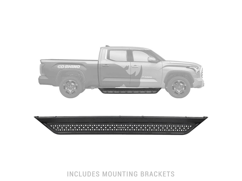 Go Rhino Dominator D6: greyed-out Toyota Tundra crew cab outline with a black side step highlighted, and the step shown alone below