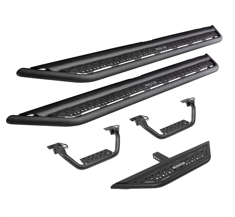 Go Rhino Dominator D6: pair of black tube-rail boards with perforated plates, two hoop steps and a short step section on white