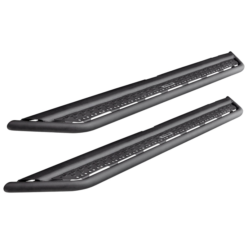 Go Rhino Dominator D6: pair of black tube-rail running boards with perforated step plates on white (representative image of the series; the kit for this listing is made for the vehicles shown in the fitment table)