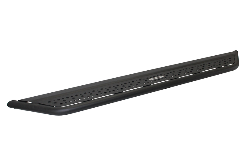 Go Rhino Dominator D6: single black tube-rail running board with perforated step plate and Go Rhino plate on white