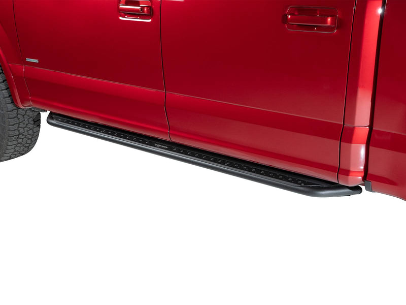 Go Rhino Dominator DSS: black slider board mounted under the doors of a red crew cab pickup, cab length