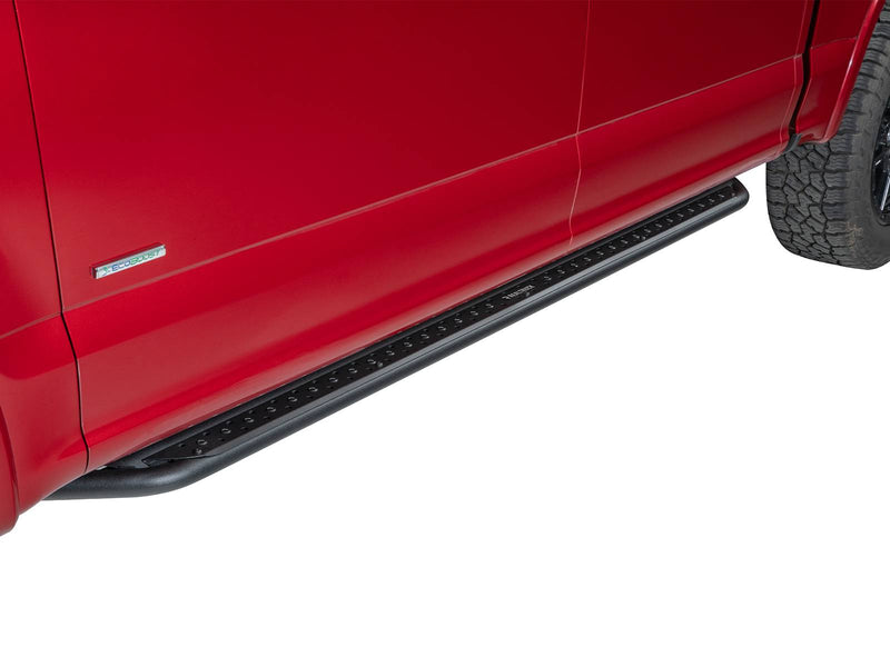 Go Rhino Dominator DSS: black slider board mounted under the doors of a red pickup with an EcoBoost fender badge