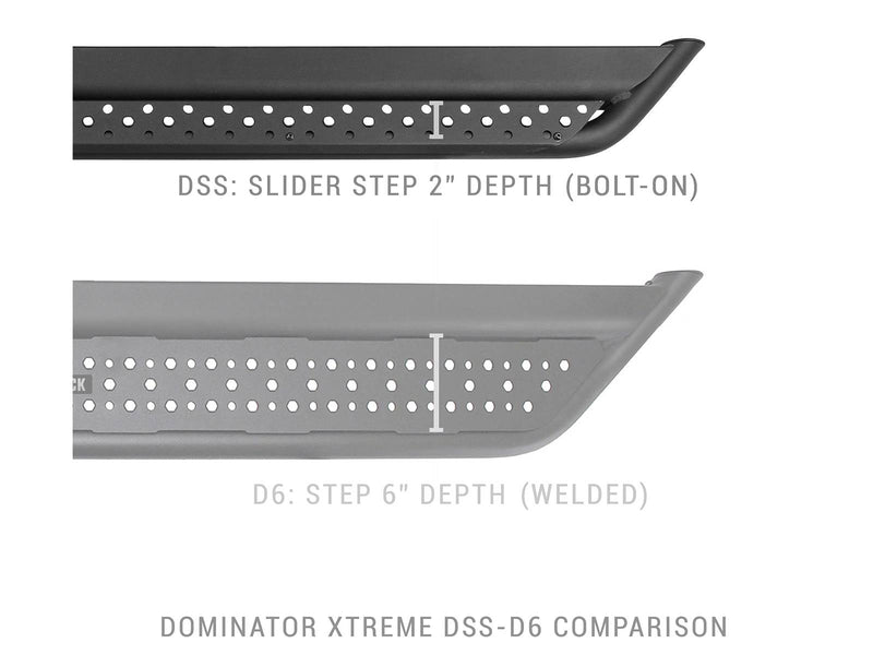 Go Rhino Dominator DSS: comparison graphic of a 2" deep slider step and a 6" deep welded step