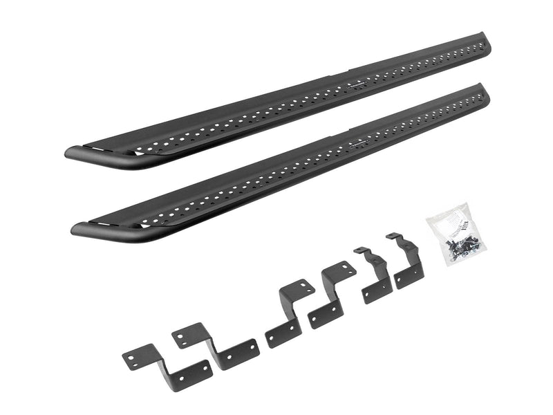 Go Rhino Dominator DSS: pair of black slider boards with six mounting brackets and a hardware bag on white
