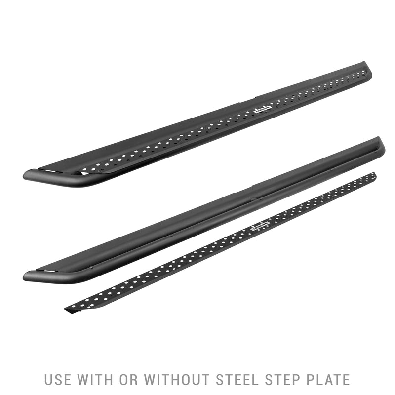 Go Rhino Dominator DSS: pair of black slider steps, one with its perforated step plate removed and shown alongside